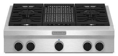 KITCHENAID KGCU462VSS 36" Commercial-Style Rangetop with 4 Sealed Burners, 18,000 BTU Gas Grill, Black Cast-Iron...