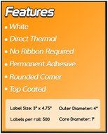 1 Inch Core - 3 x 4.75 Zebra Compatible Direct Thermal Labels 2 Rolls for Zebra Desktop Printer GC420d GC420t... N2