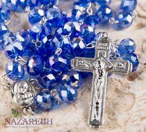 Catholic Blue 10mm Crystal Beads Rosary Holy Soil Medal &amp; Silver Crucifix N4