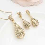 Indian Sparking Crystal Jewelry Set Gold Plated Waterdrop Necklace+CZ Earrings
