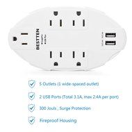 Bestten Wall Outlet Surge Protector with USB Charging, 5 AC Outlets &amp; 2 USB Ports, ETL Certified
