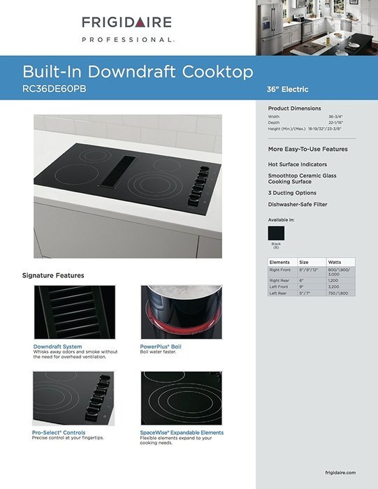 Frigidaire 36" Smoothtop Electric Black Cooktop with Built-In 500 CFM Downdraft Exhaust RC36DE60PB