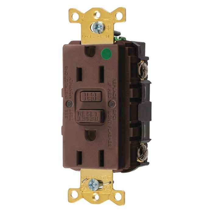Hubbell GFRST82 Gfci Receptacle, 15 Amps, Nema Configuration: 5-15R, Decorator, Self-Testing: YES, Brown