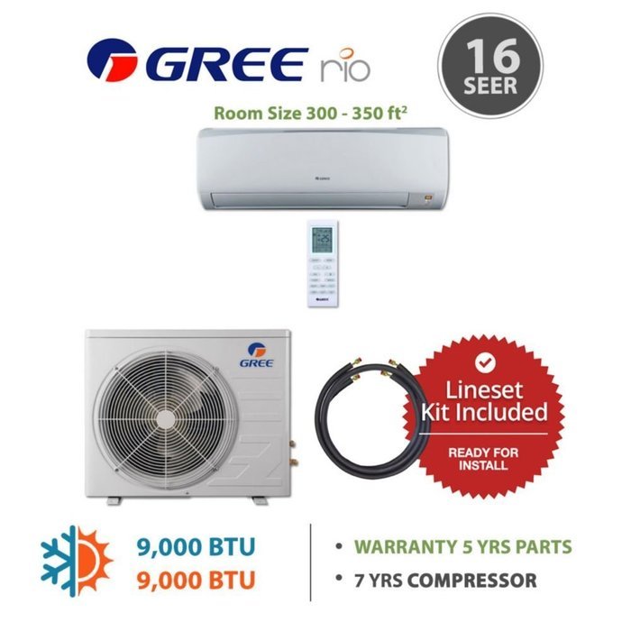 Gree RIO 9,000 BTU Ductless Mini Split Air Conditioner w/ Inverter, Heat Pump, Remote & 15' Lineset (208/230V) N2