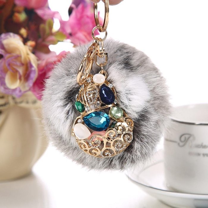 AutumnFall&reg; Rabbit Fur Ball Rhinestone Keychain Bag Plush Key Ring Car Key Pendant (Red) N8