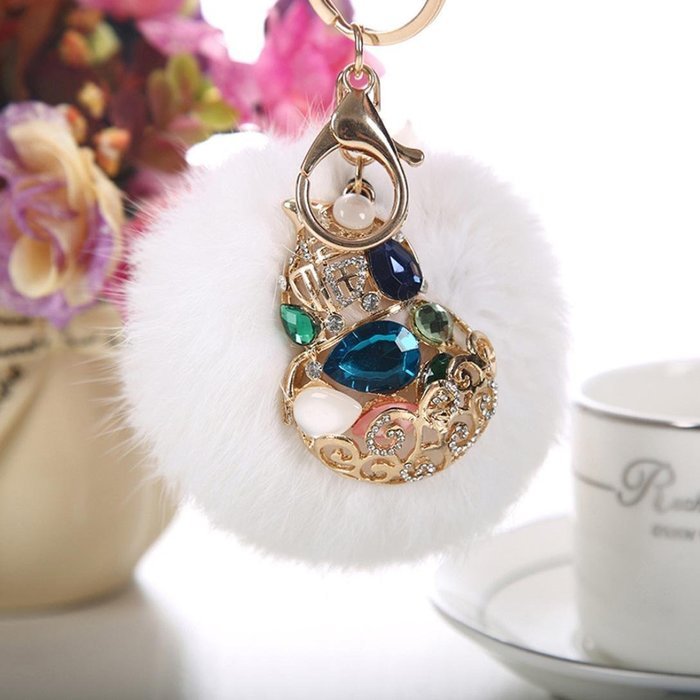 AutumnFall&reg; Rabbit Fur Ball Rhinestone Keychain Bag Plush Key Ring Car Key Pendant (Red) N10