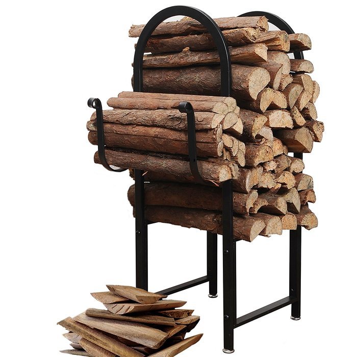 Black Powder Coated Metal Arch Design Indoor or Outdoor Firewood Log Rack w/ Kindling Holder - MyGift N5