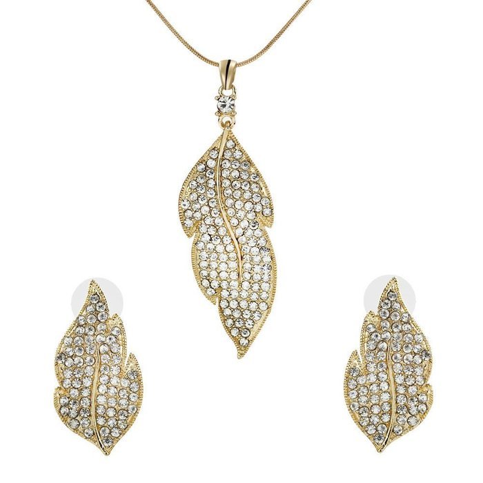 Fashion Maple leaf Crystal Pendant Gold Chain Necklace Earrings Jewelry Set Gift