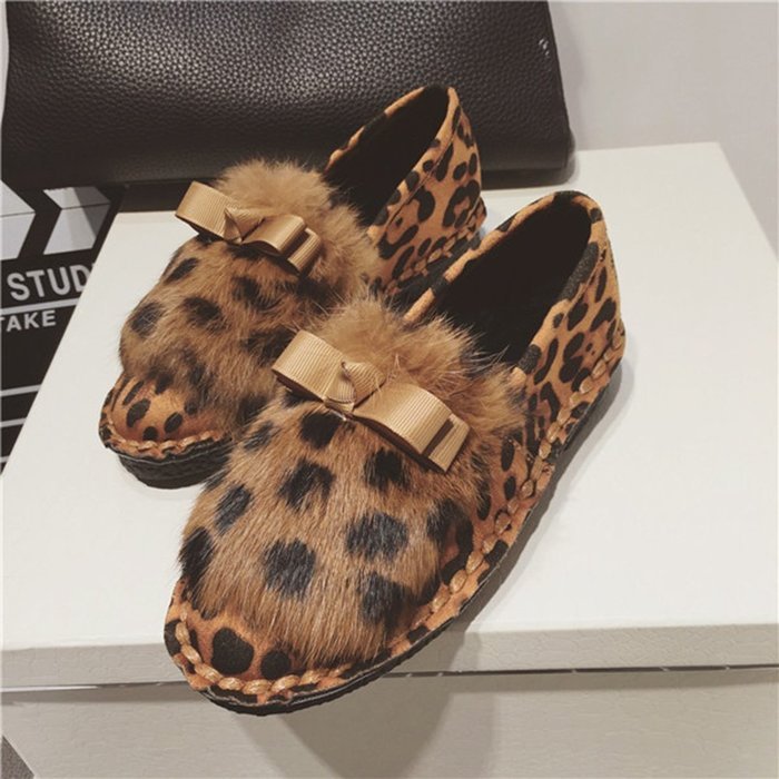 Spritech(TM) Women's Winter Flat Fur Warm Cute Bowknot Ankle Shoes with Beaver Rabbit Fur Hair Trim Leopard N2