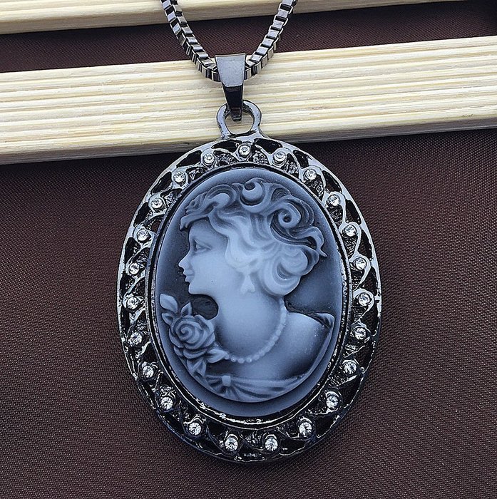 Gunmetal Grey Cameo with Crystal Pendant Box Chain Sweater Necklace
