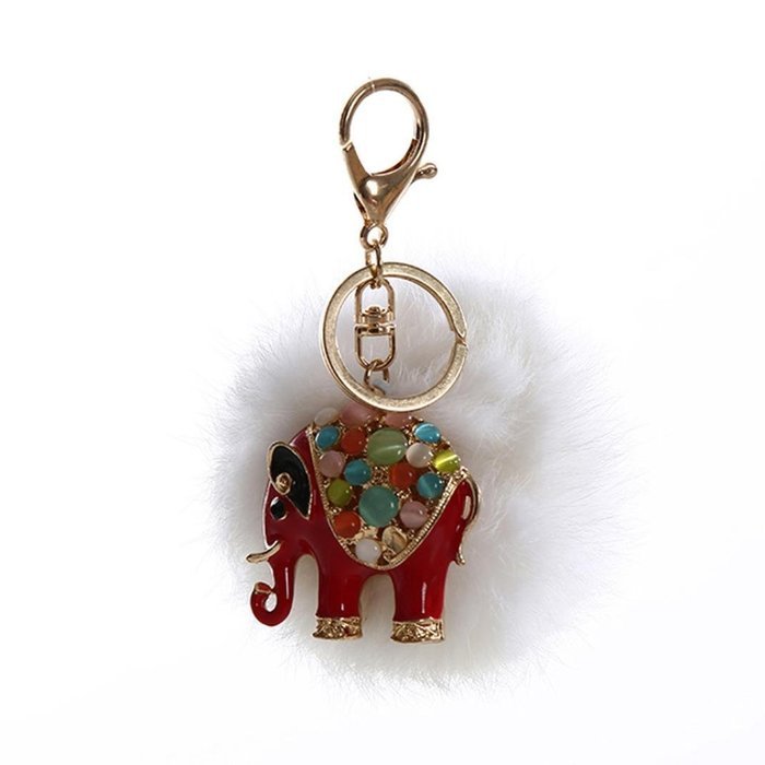 AutumnFall&reg; Rabbit Fur Ball Elephant Keychain Bag Plush Key Ring Car Key Pendant (Red) N5