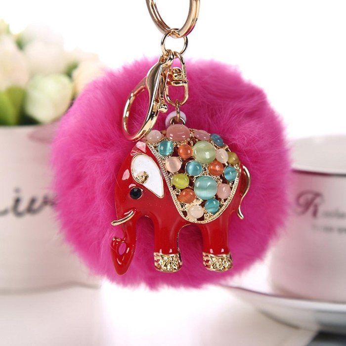AutumnFall&reg; Rabbit Fur Ball Elephant Keychain Bag Plush Key Ring Car Key Pendant (Red) N7