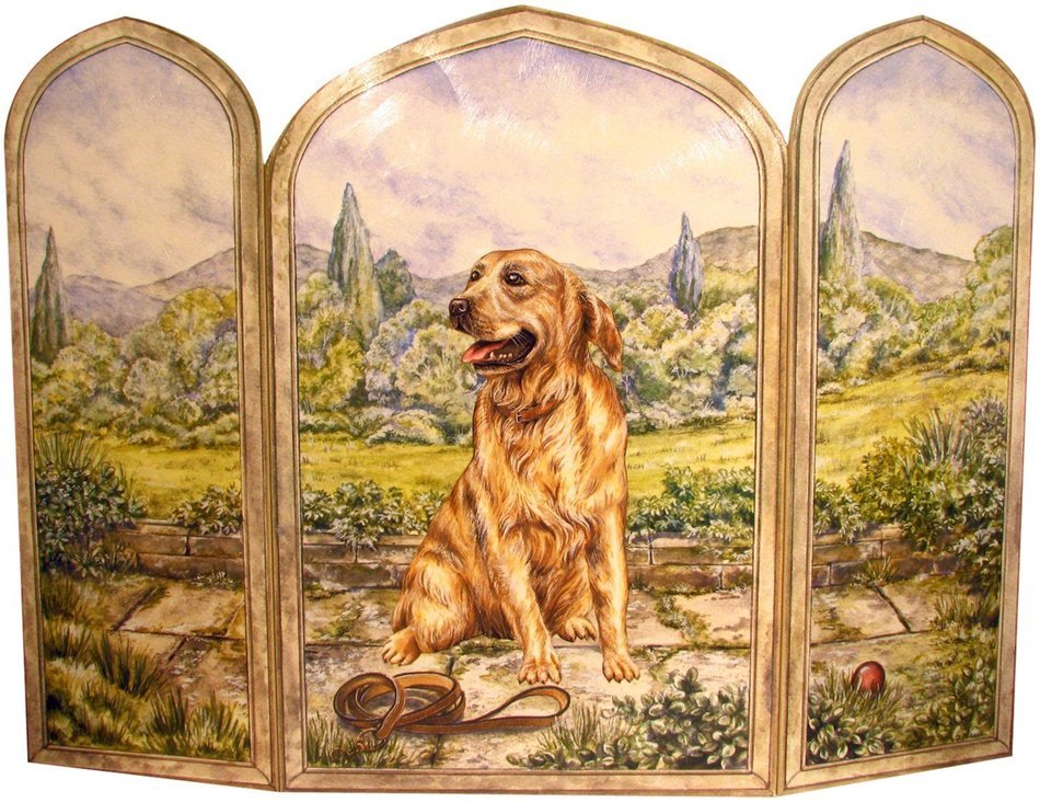 The Stupell Home Decor Collection 3 Panel Outdoor Decorative Dog Fireplace Screen, Golden Retriever, 43 by 31...