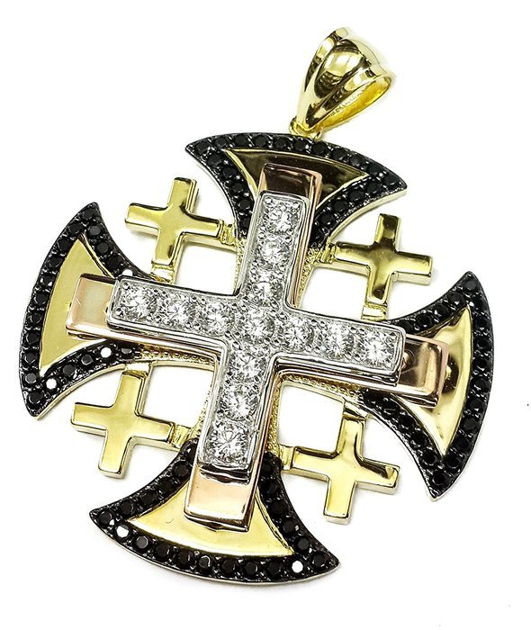 Jerusalem Quality Gold Plated Cross Swarovski Black White Crystals Handmade 1.8"