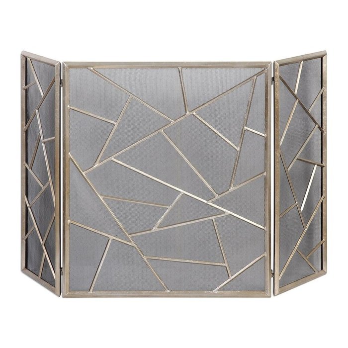 MutterMui Modern Geometric Abstract Fireplace Fire Screen Antiqued Silver Iron Metal 51 inches W N2