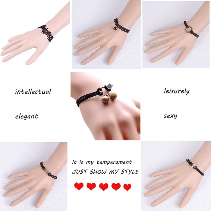 12 PCS Women's Classic Black Velvet and Black Stretch Gothic Tattoo and Black Lace Choker Necklace and Bracelet... N2