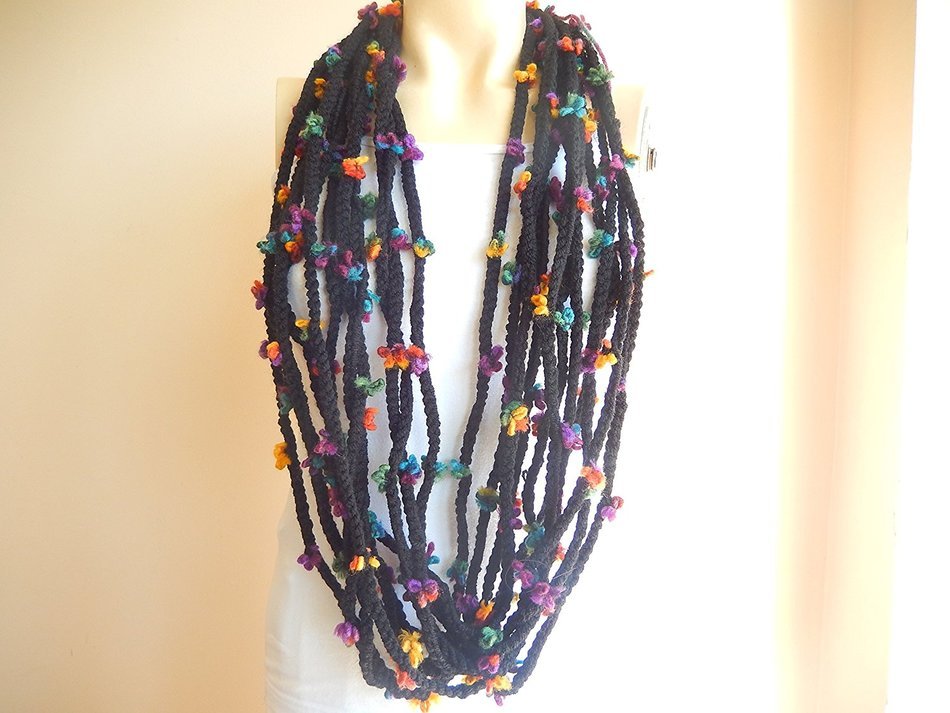 Crochet Infinity Scarf -Black Infinity Scarf -Chain Crochet Scarf with Mustard Flower Pin N3