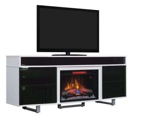 TV Stand w/Speakers and 25" Curved IR Qrtz Fireplace, Gloss White