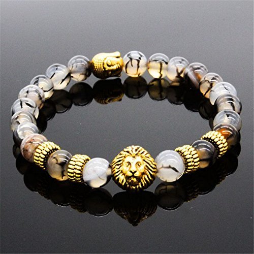 Fashion Men's Black Lava Stone Gold Lion Buddha Beaded Charm Bracelet Cheapest N7