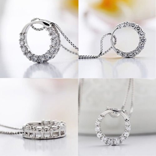 Charming Women 925 Silver Rhinestone Crystal Necklace Round Circle Pendant N2