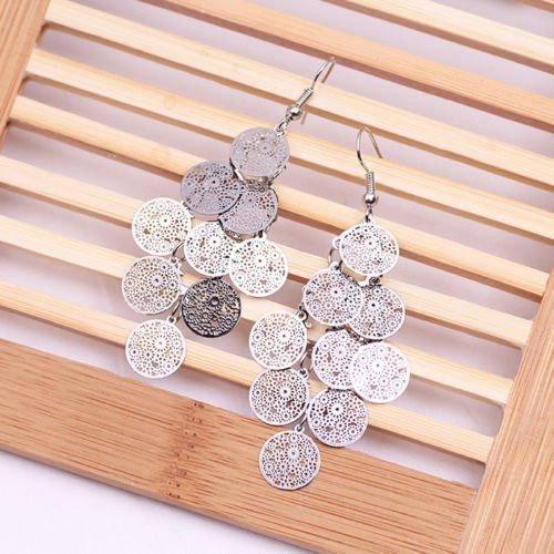 Women Alloy Wafer Long Tassel Ear Drop Dangle Hook Earring Jewelry Gold Silver N2