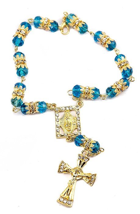 Turquoise Crystal Zircon Gold Color Beads Car Rearview Mirror Rosary (Jerusalem) N2