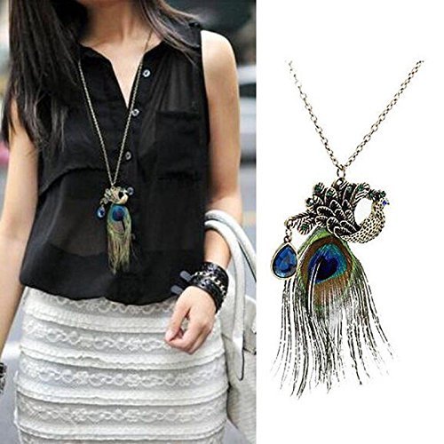 Retro Women Charm Peacock Feather Pendant Long Chain Vintage Sweater Necklace