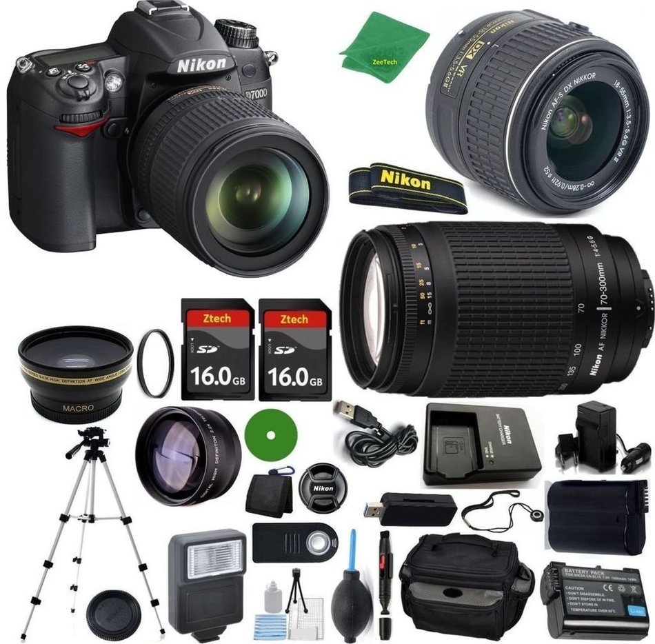 Nikon D7000 - International Version (No Warranty), 18-55mm f/3.5-5.6 DX VR, Nikon 70-300mm f/4-5.6G, 2pcs 16GB...