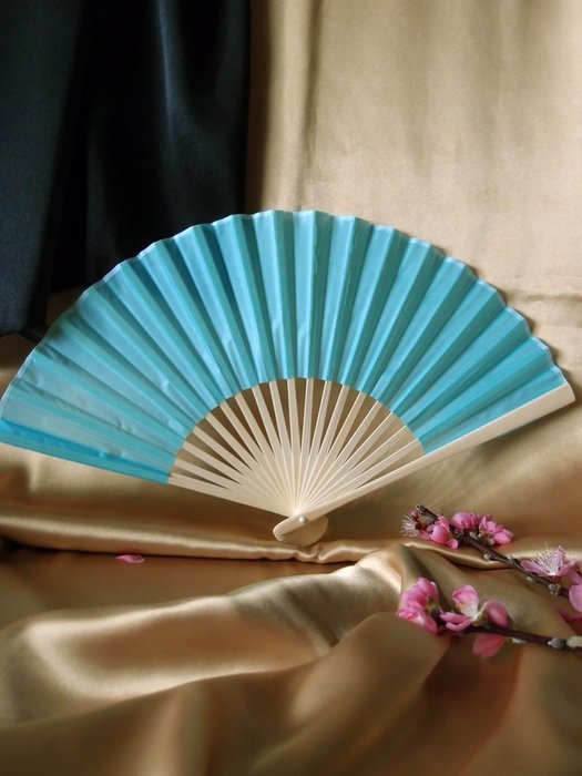 9" Water Blue Chinese Folding Silk Hand Fan for Weddings