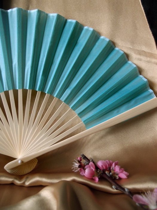 9" Water Blue Chinese Folding Silk Hand Fan for Weddings N2