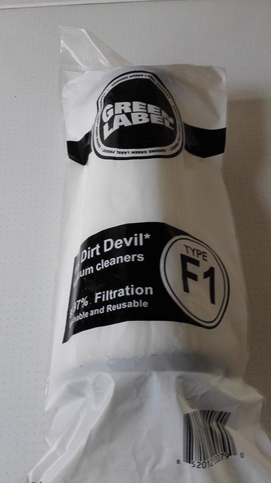 2-PACK of F1 HEPA Filters for DIRT DEVIL vacuums. WASHABLE and REUSABLE. By Green Label.