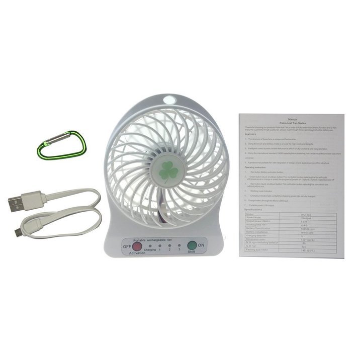 Xboard 3 Speeds Rechargeable Mini USB Fan Portable Desktop Fan with LED Light - White N5