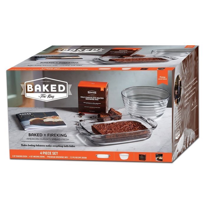 Baked By Fire King 4 Piece Baking Set with Premium Brownie Mix