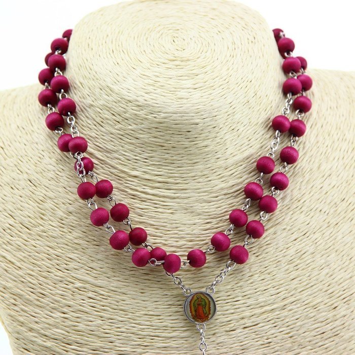 Uniquew Wooden Beads Rosary Red Catholic Necklace Holy Soil Medal & Cross