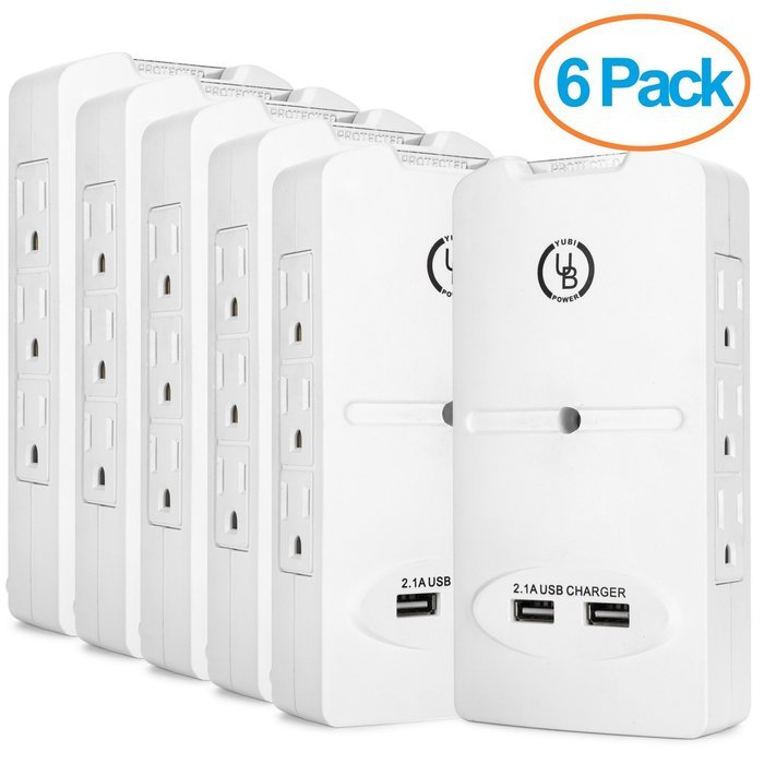 Yubi Power 6 Outlet Power Plug Surge Protector Wall Tap Side-entry with 2 USB Ports 2.1A 300 Joules - White -... N2