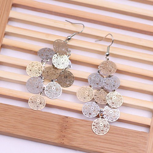 Women Alloy Wafer Long Tassel Ear Drop Dangle Hook Earring Jewelry Gold Silver N4