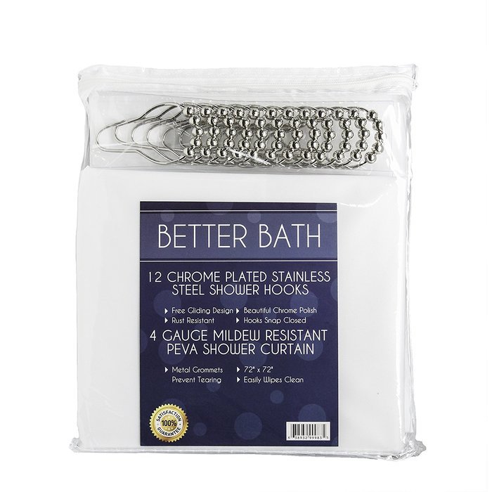 Shower Curtain Hooks and Shower Liner - 72" x 72" 4 Gauge PEVA Shower Curtain Liner with Metal Grommets, Mildew-Free... N3