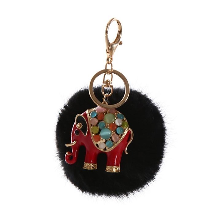 AutumnFall&reg; Rabbit Fur Ball Elephant Keychain Bag Plush Key Ring Car Key Pendant (Red) N11