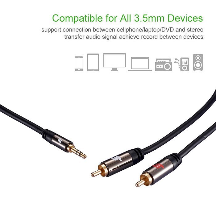 Sinseader 6.6ft 3.5mm to 2RCA Audio Auxiliary Stereo Y Splitter Cable Male to Male input amplifier or receiver... N6