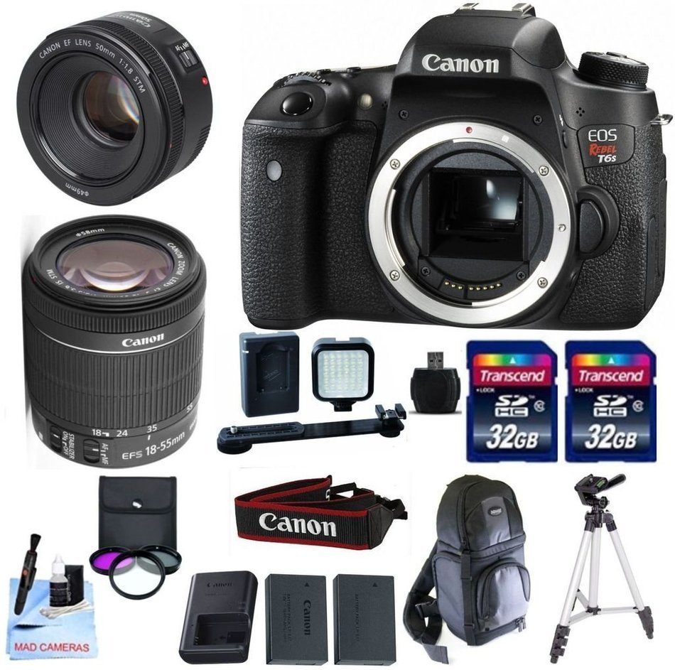 Canon EOS T6s + Canon 18-55mm IS STM + Canon 50mm 1.8 STM + 2 32GB Transcend SD Memory Cards + LED Video Light...