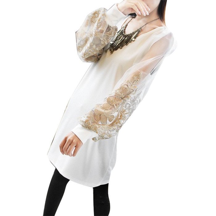 Spritech(TM) Fashion Women's Scoop Neck Long Vintage Puff Sleeve Slim Retro Dress White XXL N12