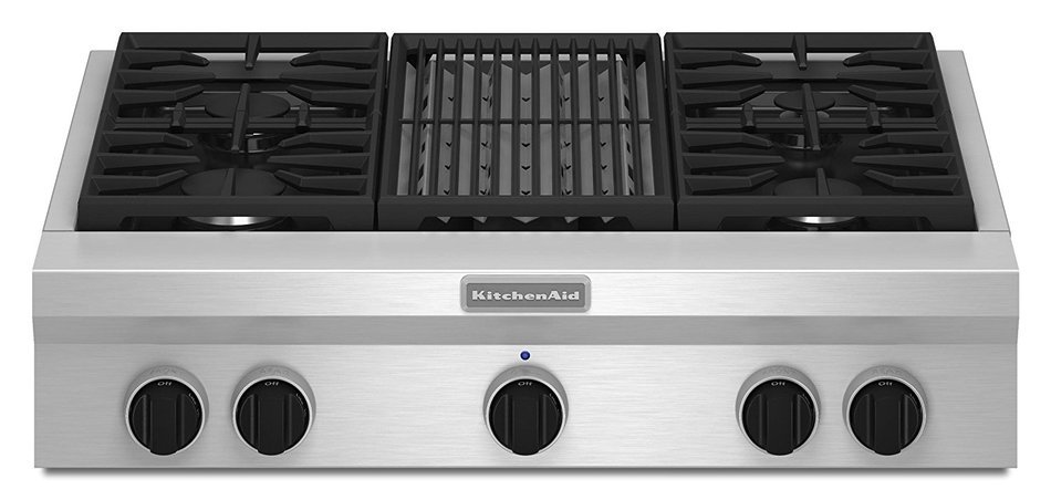 KITCHENAID KGCU462VSS 36" Commercial-Style Rangetop with 4 Sealed Burners, 18,000 BTU Gas Grill, Black Cast-Iron...