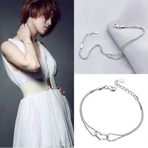 Silver Heart Love Pendant Box Chain Bracelet Pretty Jewelry Women's N2