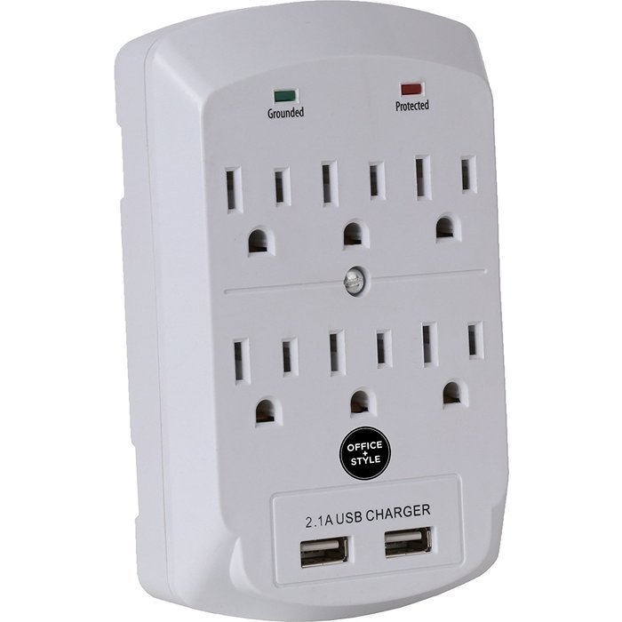 Surge Protector, Electronics Charging Station, 6 Outlet 2 USB Port Wall Adapter with Safety Indicator Lights -... N15
