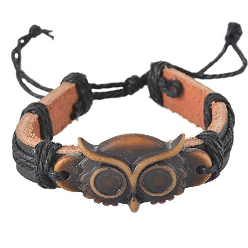 1PC New Men Punk Vintage Leather Handmade Owl Black Bracelet Chains N3