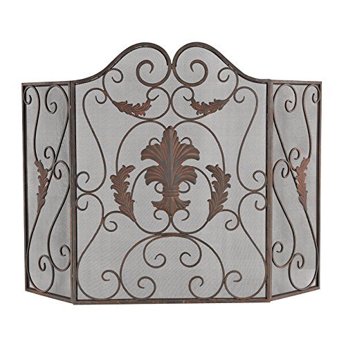 Iron Scroll Work Fleur de Lis Fireplace Screen 3 Panel Protective Mesh Backing
