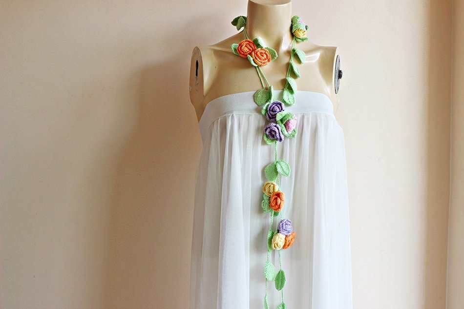 Rose Scarf-Pastel scarf-Rose Scarf-Necklace Lariat Scarf- Rose Crochet Scarf-Lavender ,Pink,Orange,Yellow with... N2