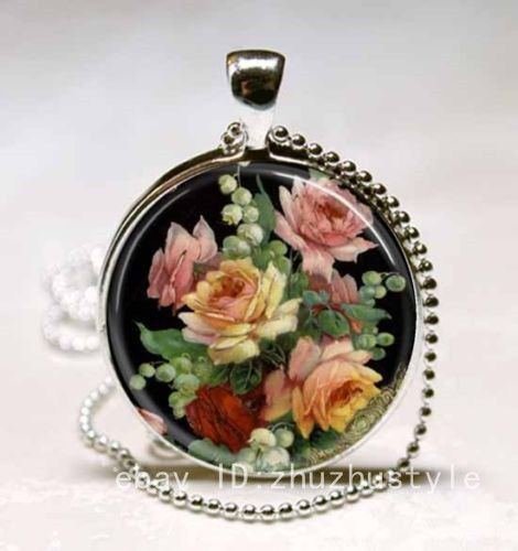 Vintage beautiful flower Cabochon Glass Necklace Pendant Ball Chain Necklace N2
