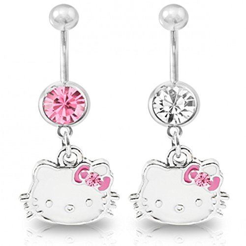 Kathy store INC 316L Surgical Steel White/Pink Hello Kitty Surgical Steel Belly Navel Bar Ring Body Jewelry