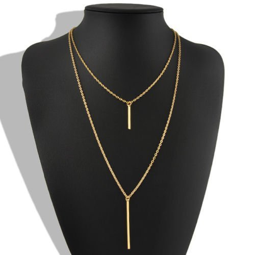 Women Fashion Gold Plated Long Sweater Chain Cute Vertical Bar Pendant Necklace